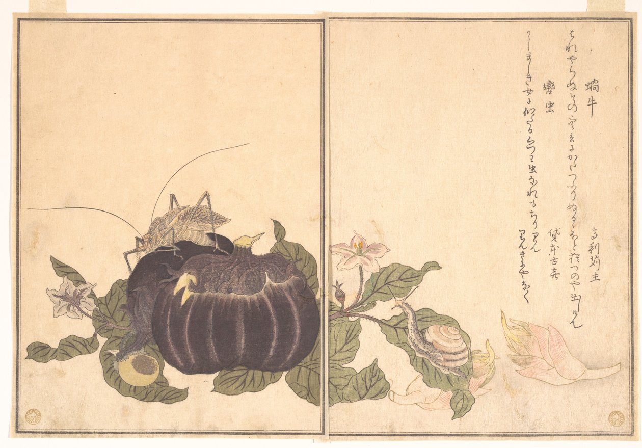Land Snail (Katatsumuri); Giant Katydid (Kutsuwamushi), from the Picture Book of Crawling Creatures by Kitagawa Utamaro