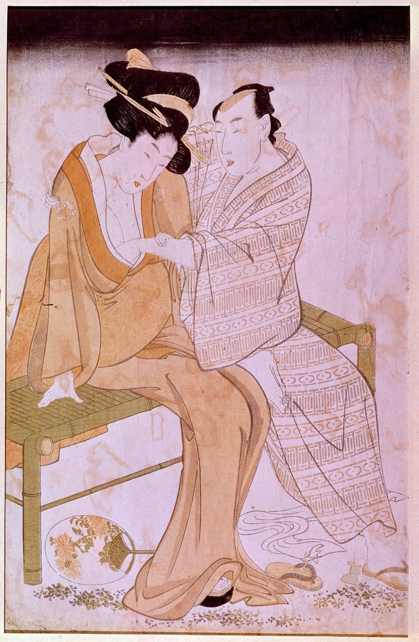 Representation of a Japanese couple stroking each other on a bench. Prints by Utamaro Kitagawa. Paris, Guimet Museum, National Museum of Asian Arts by Kitagawa Utamaro
