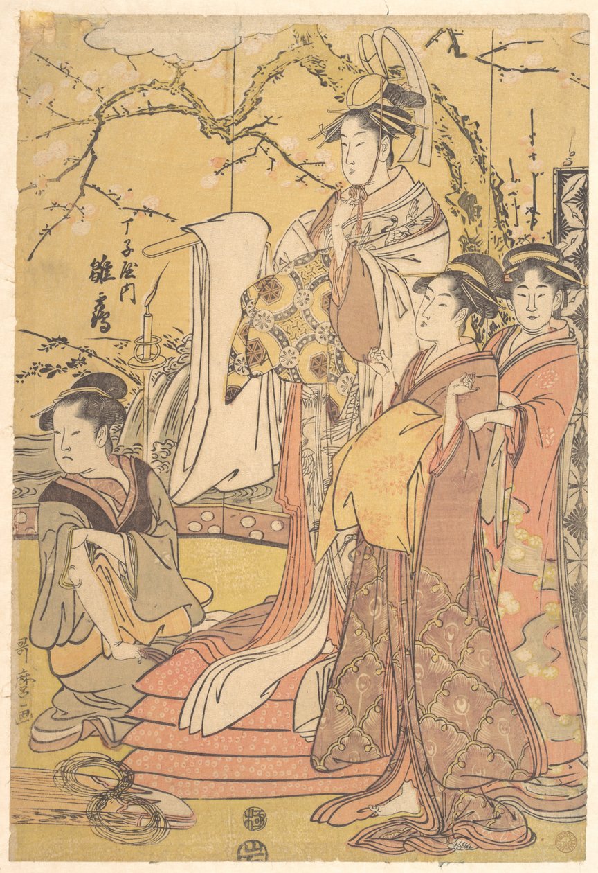 The Oiran Hinazuru of Chojiya Standing upon a Pile of Futon by Kitagawa Utamaro