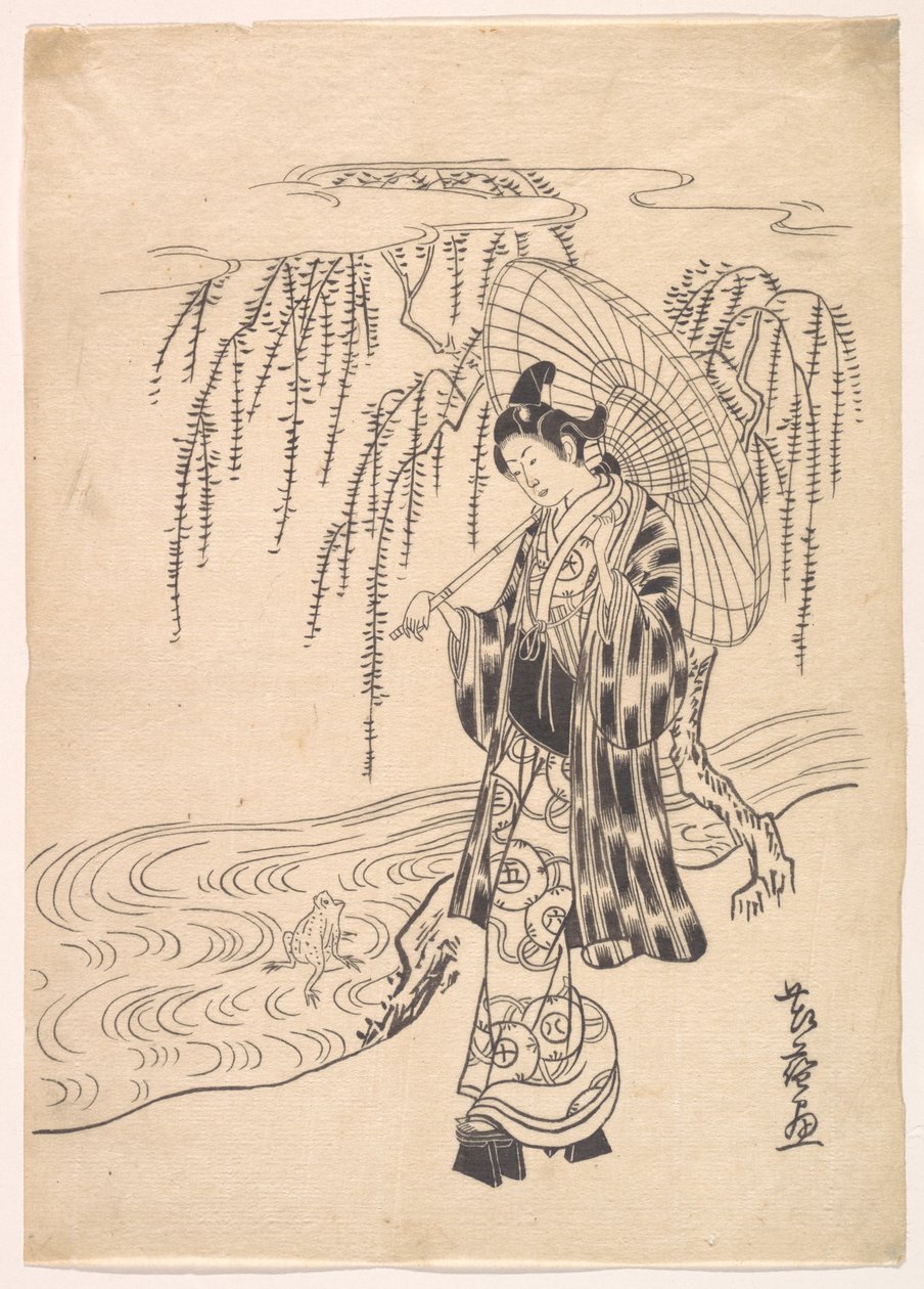 Ono no Dofu as a Young Man Watching a Frog Jumping at a Willow Branch by Kitao Shigemasa