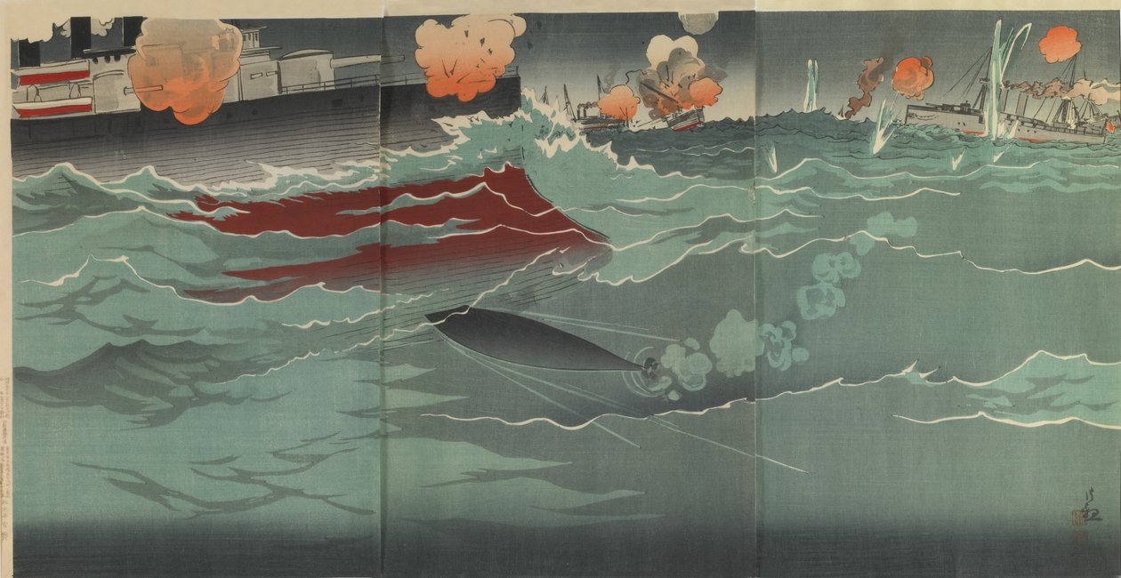 Our Torpedo Hitting a Russian Warship at the Great Naval Battle of Port Arthur, Meiji period by Kiyochika Kobayashi