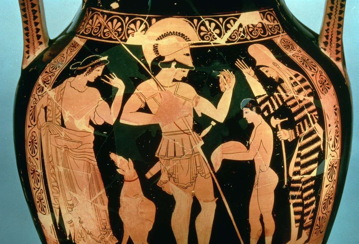 Attic Red Figure Vase Depicting a Soldier Taking Part in a Divination Ritual Before Fighting, 490-480 BC by Kleophrades Painter