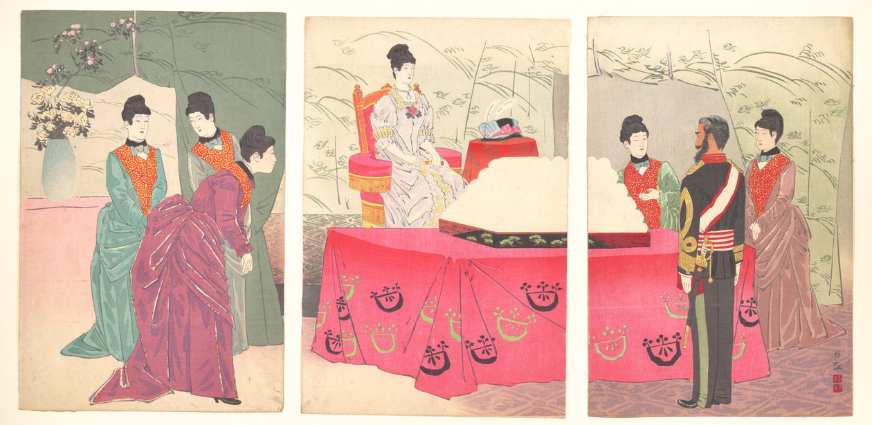 Illustration of the Empress Visiting the General Staff Headquarters (to present a tray of bandages) by Kobayashi Kiyochika