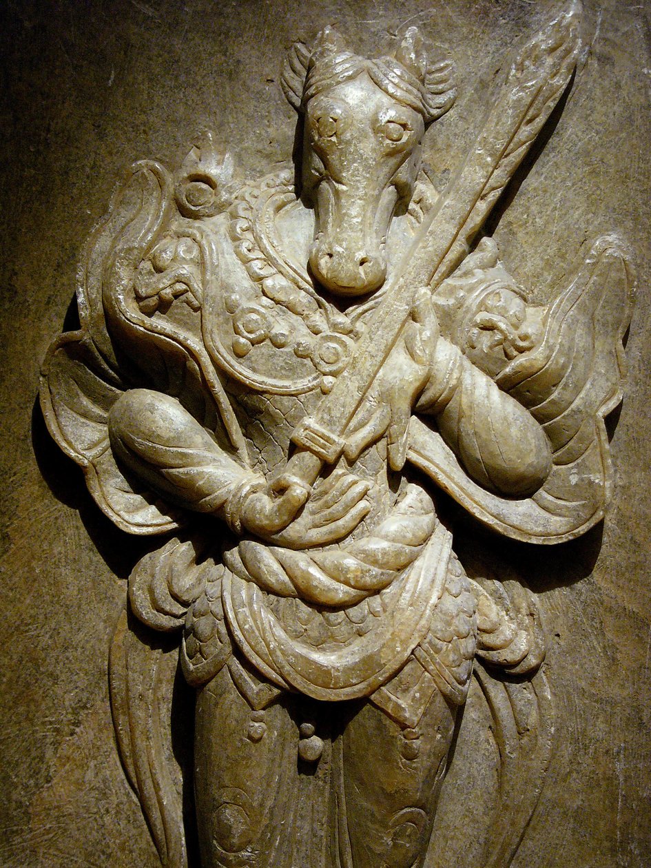 Grave ornament, zodiac horse on agalmatolite, 8th century under the period of the Northern and Southern Kingdoms, Korea. Photography, Seoul National Museum, Republic of Korea by Korean School