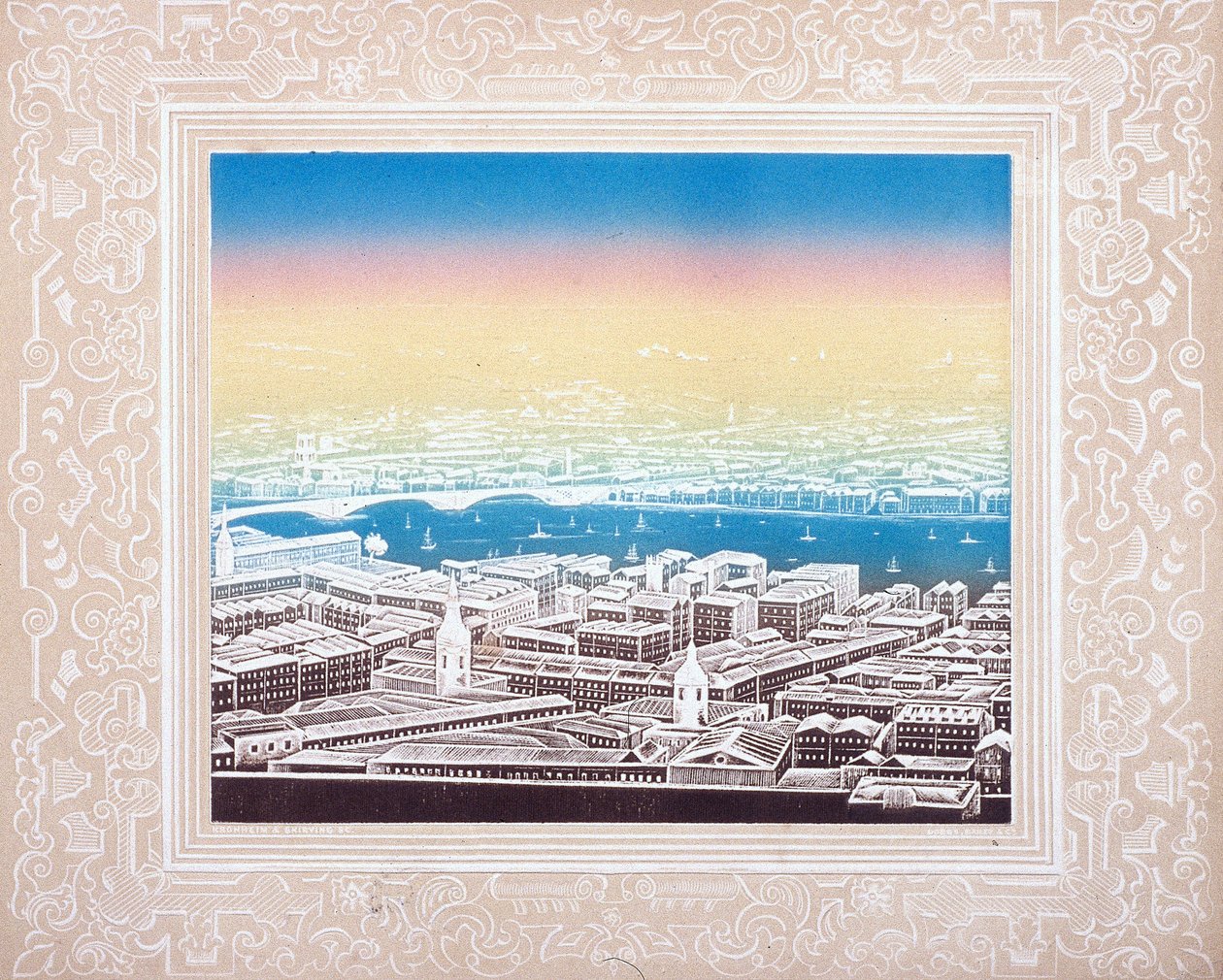 Aerial view of London with decorative border by Kronheim and Co