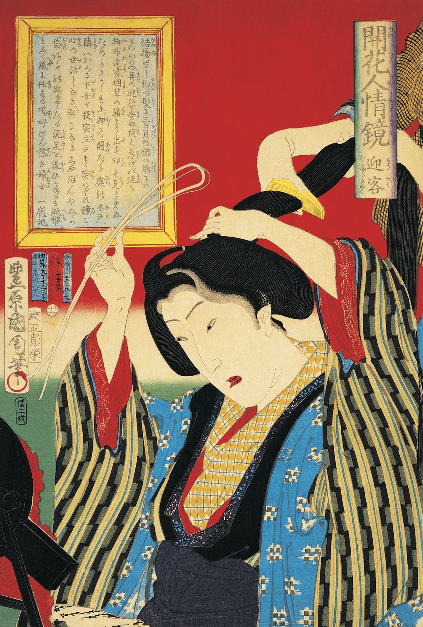 Close-up of a woman looking in mirror by Toyohara Kunichika