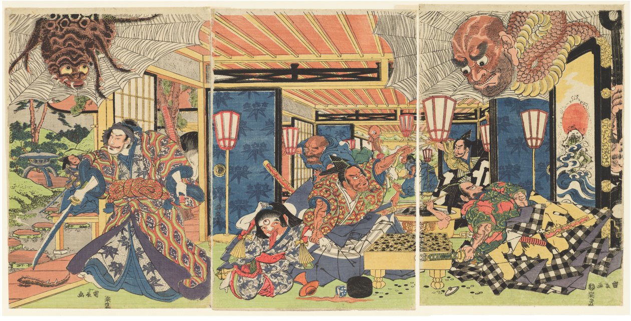 Minamoto no Yorimitsu and His Retainers Defeat the Earth Spider, c. 1804-1818 by Kuninaga Utagawa