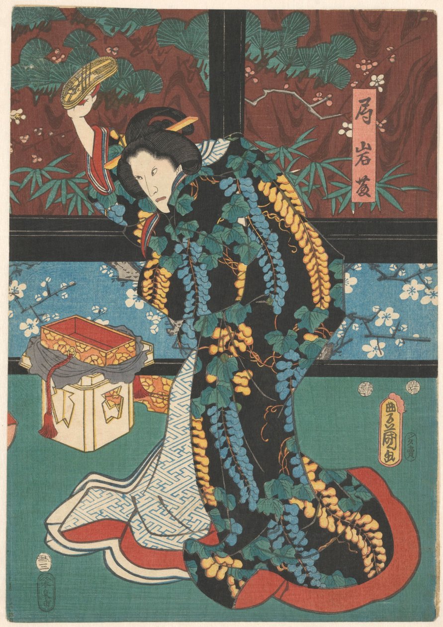 Scene from the Play The Mirror Mountain, Lady Iwafuji with Sandal in Her Hand by Kunisada (I) , Utagawa