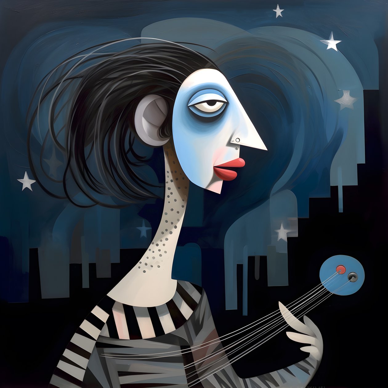 3D Woman Troubadour with Her Guitar in the Night Moon Lights 3 by Kurt Heppke