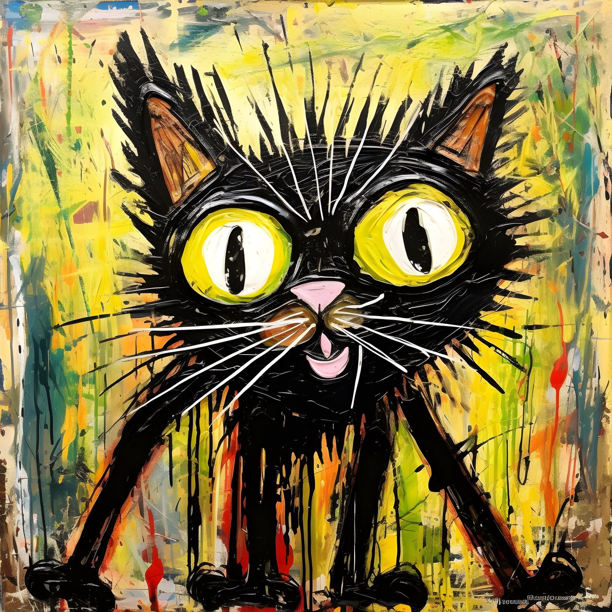 Neo-expressionism of a cartoon cat looking up curiously by Kurt Heppke