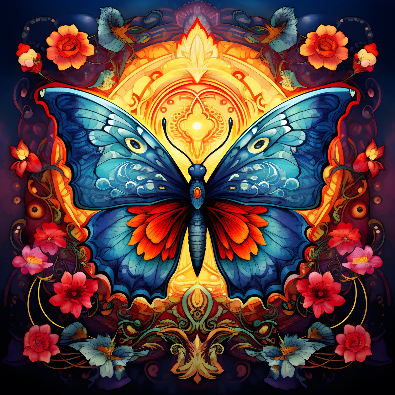 Butterfly in the Center, Symmetrical, with Flowers in the Background 2 by Kurt Heppke