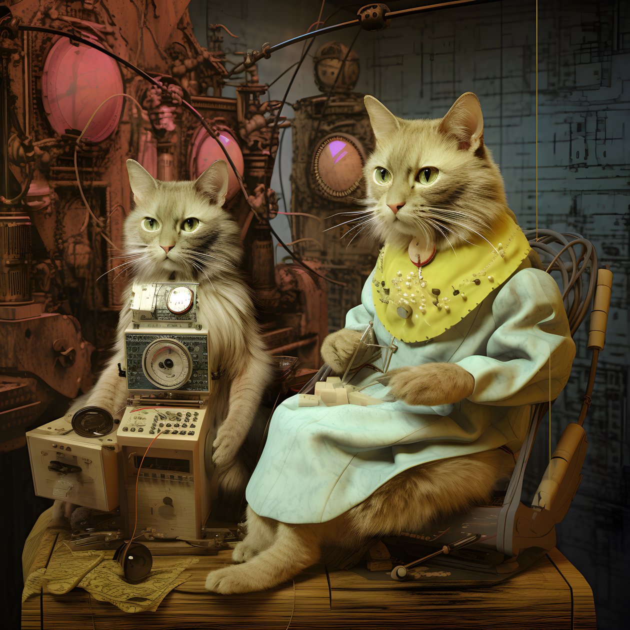 Two Anthropomorphic Cats, Tomcat and Cat, Kubrickian Synthetic 2 by Kurt Heppke