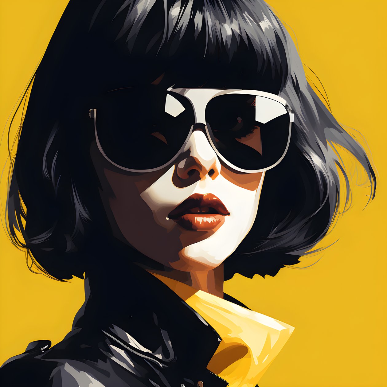 An Illustration of a Girl Wearing Yellow Sunglasses with Hair on Her Face and with Ears, in the Style of Film Noir Aesthetic 3 by Kurt Heppke