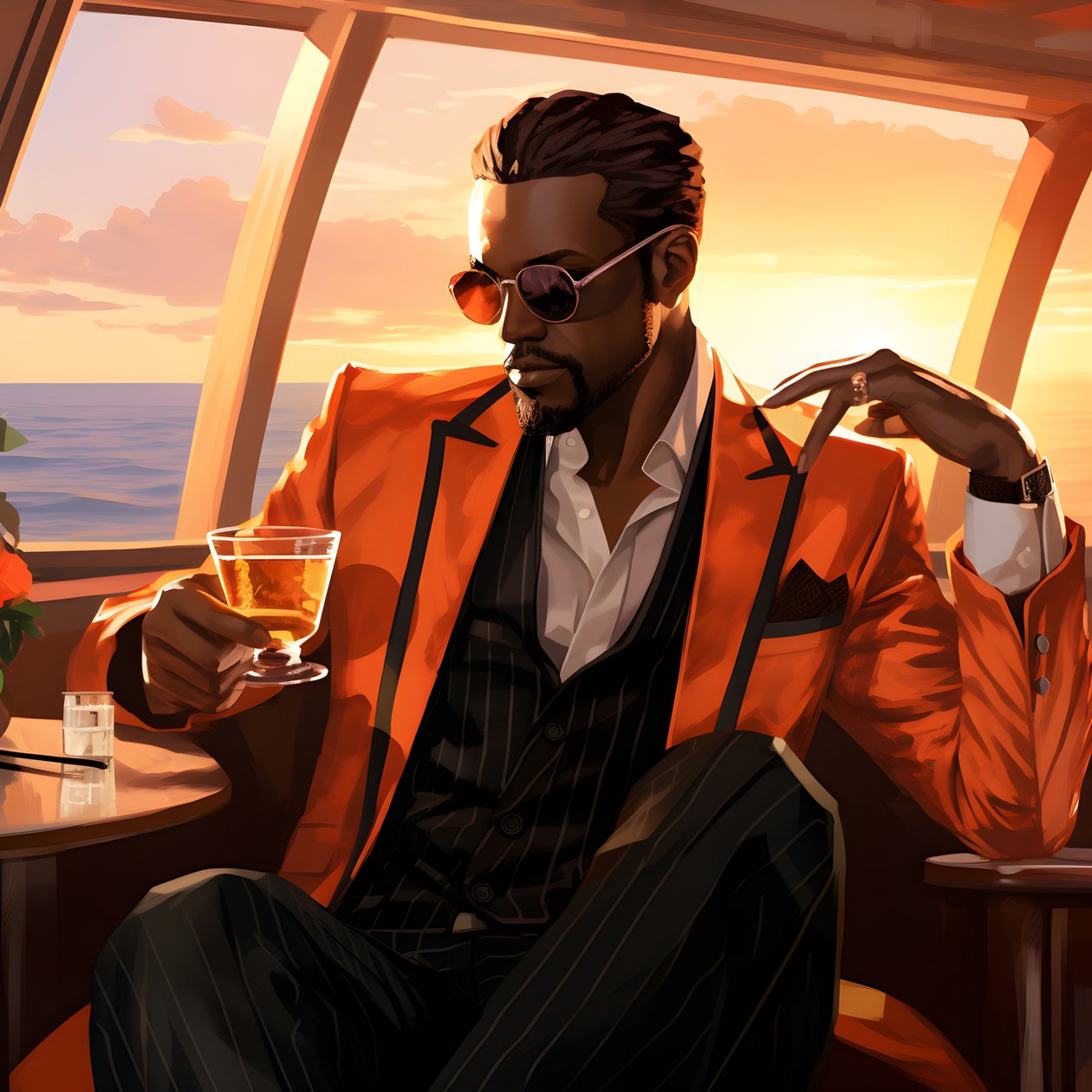 A Rich Man, Well-Dressed, Sitting on a Private Cruise Ship and Drinking a Cocktail 2 by Kurt Heppke