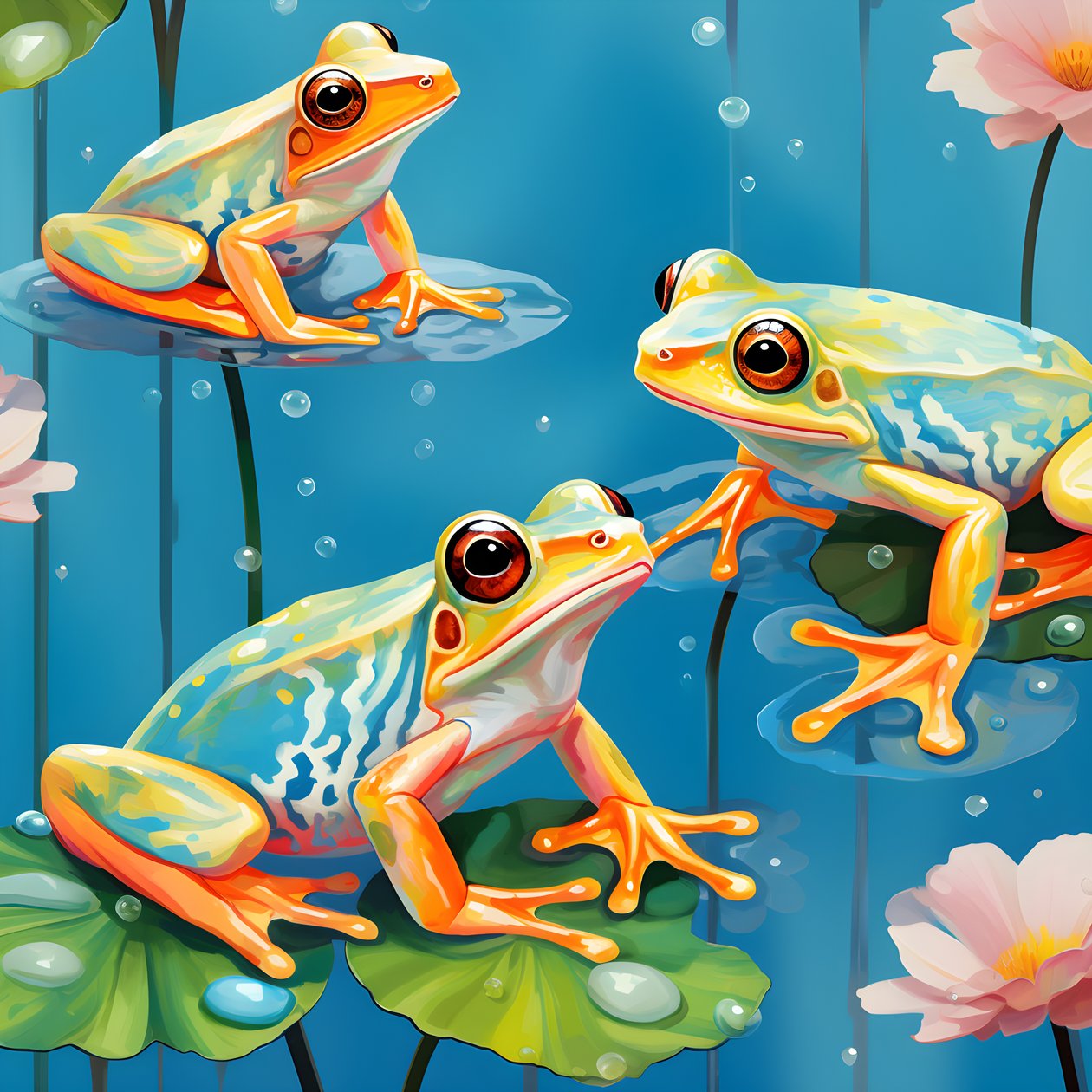 Seamless pattern of a painting of pretty orange and yellow cartoon frogs sitting on lily foliage on the water in watercolor rain 2 by Kurt Heppke