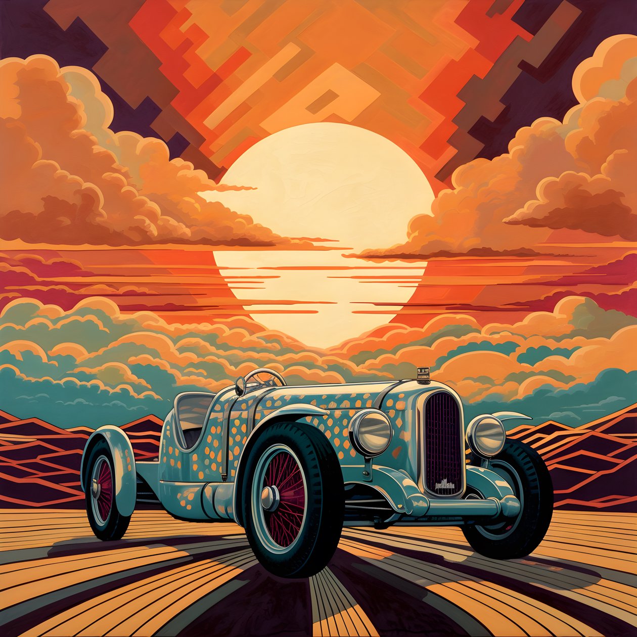 Beautiful, Elegant, Minimalist, Quilted Masterpiece in the Artistic Style of Shepard Fairey: 1 in Commemoration of the Grand Prix of Monaco 1940, Historic Race Cars Competing 3 by Kurt Heppke