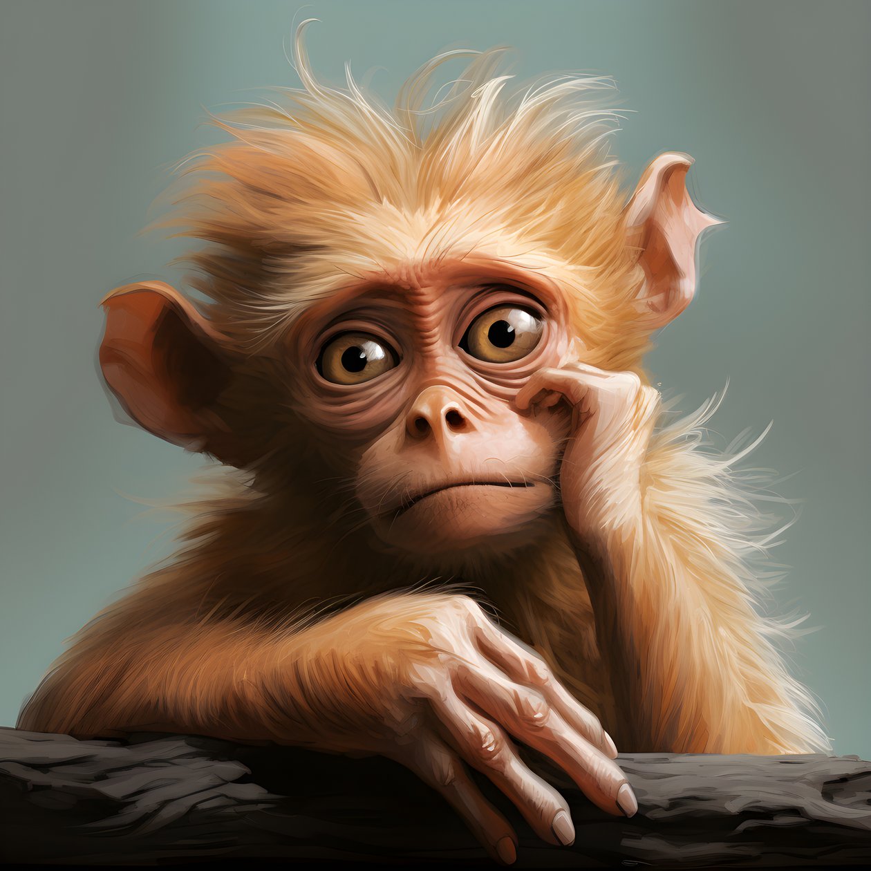 Drawing of a Joey Monkey with an Eye in the Style of Emotive Surreal Character Studies, Colorized, Pensive Poses, Topcor 58mm f/1.4, Caricature-Like Illustrations, #vfxfriday, Solarizing Master 2 by Kurt Heppke