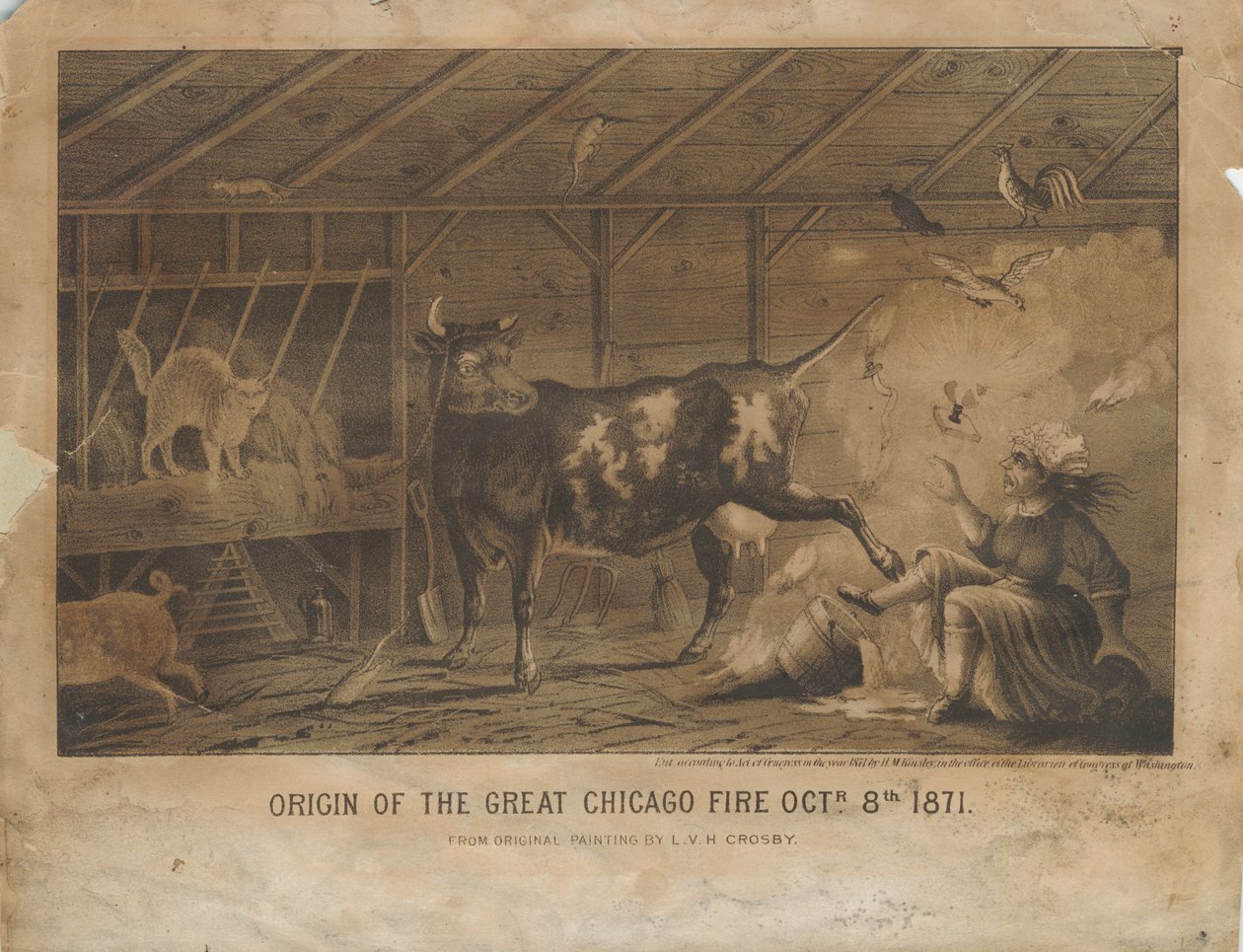 Origin of the Great Chicago Fire Oct. 8th 1871, c.1872 by L. V. H. after Crosby
