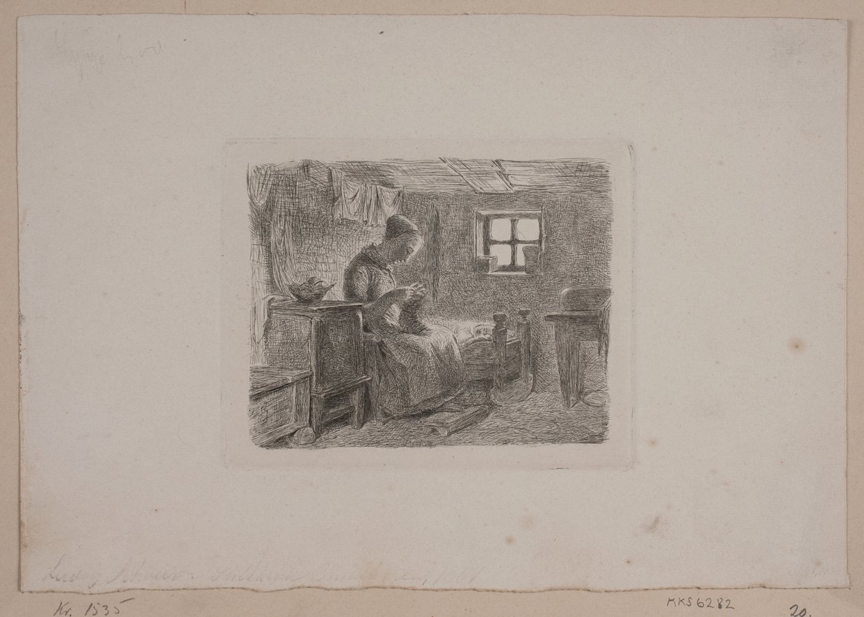Farmhouse with a Knitting Woman by L.A. Schou