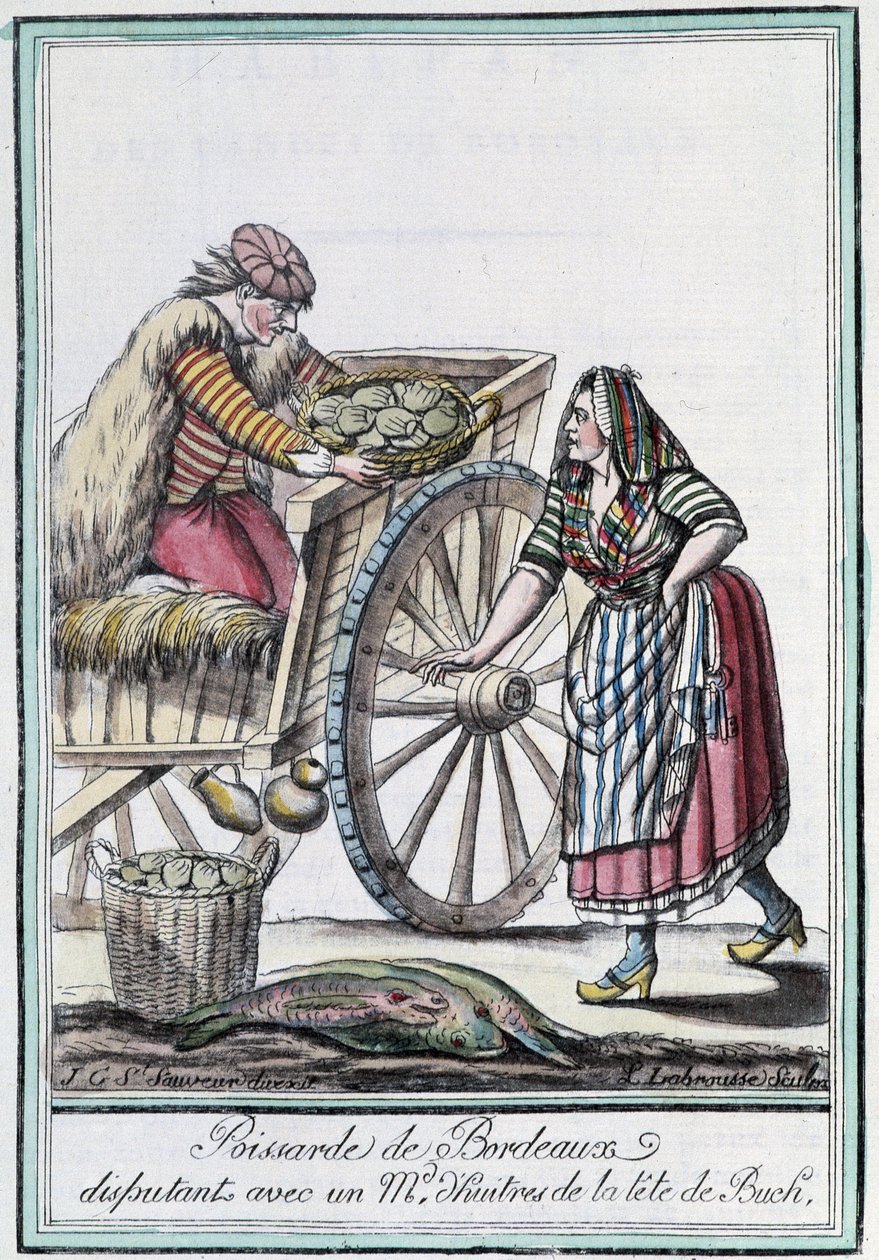 Fishwife of Bordeaux disputing with an oyster merchant from the head of Buch - in Encyclopedia of Travels by J. Grasset St Sauveur, Deron, Paris by L.F. Labrousse