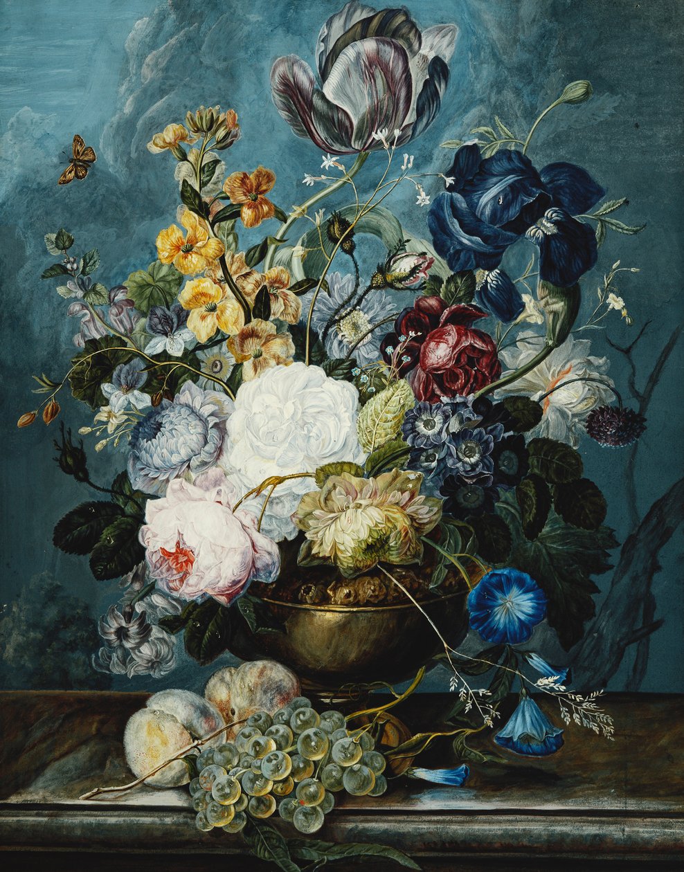 Roses, a Tulip, an Iris, Dahlias, Lamium, Forget-me-nots, Convolvulus, Auricula and Delphiniums in a Vase with Grapes and Peaches on a Stone Ledge by Ladislaus Tumal