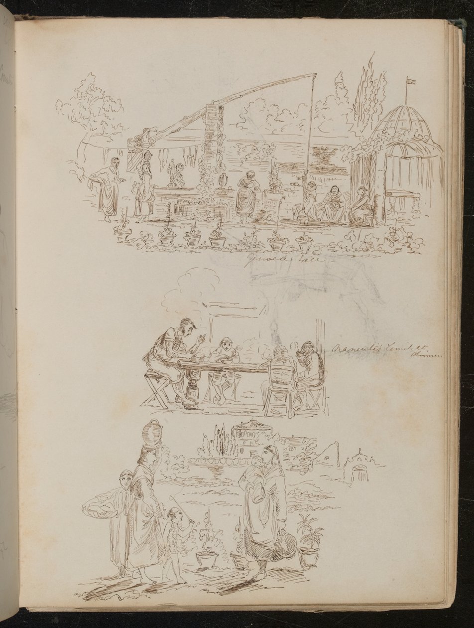 A garden and laundry scene with female figures inscribed 