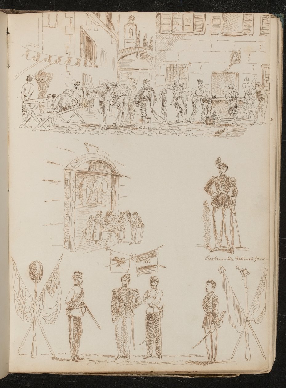A town scene with soldiers drinking, study of a market stall, study of a Piedmontese national guard, study of four soldiers and crossed flags by Lady Butler