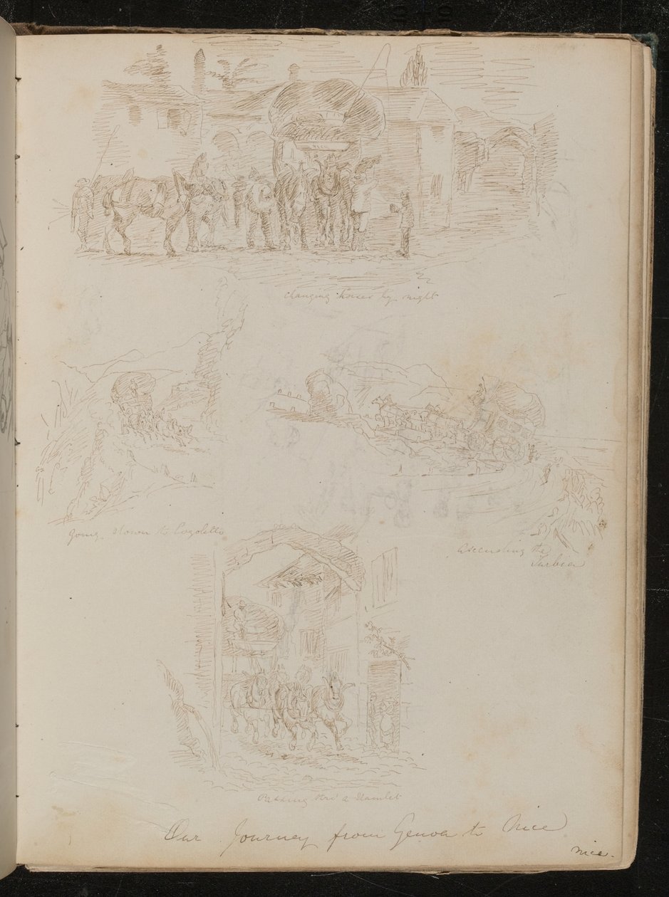 Changing Horses by Night, Going Down to Lagoletto, Ascending the Turbia and Passing Through a Hamlet by Lady Butler