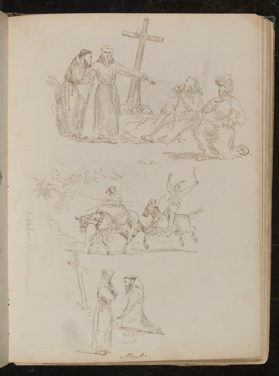 Four Figures Next to Wooden Cross, Study of Two Youths with Sticks on Donkeys, Study of Two Monks, One Kneeling Before Wooden Cross by Lady Butler