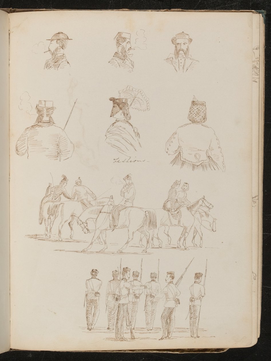 Four Studies of Male Busts, Two of a Woman with Parasol, Study of Group of Men and Woman on Horseback, Study of Group of Soldiers by Lady Butler