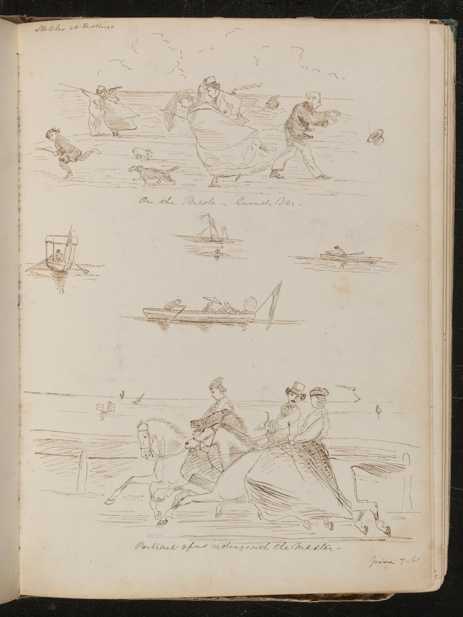 On the Parade, a Windy Day, Boats with Day-Trippers, Riders on Horses Inscribed 
