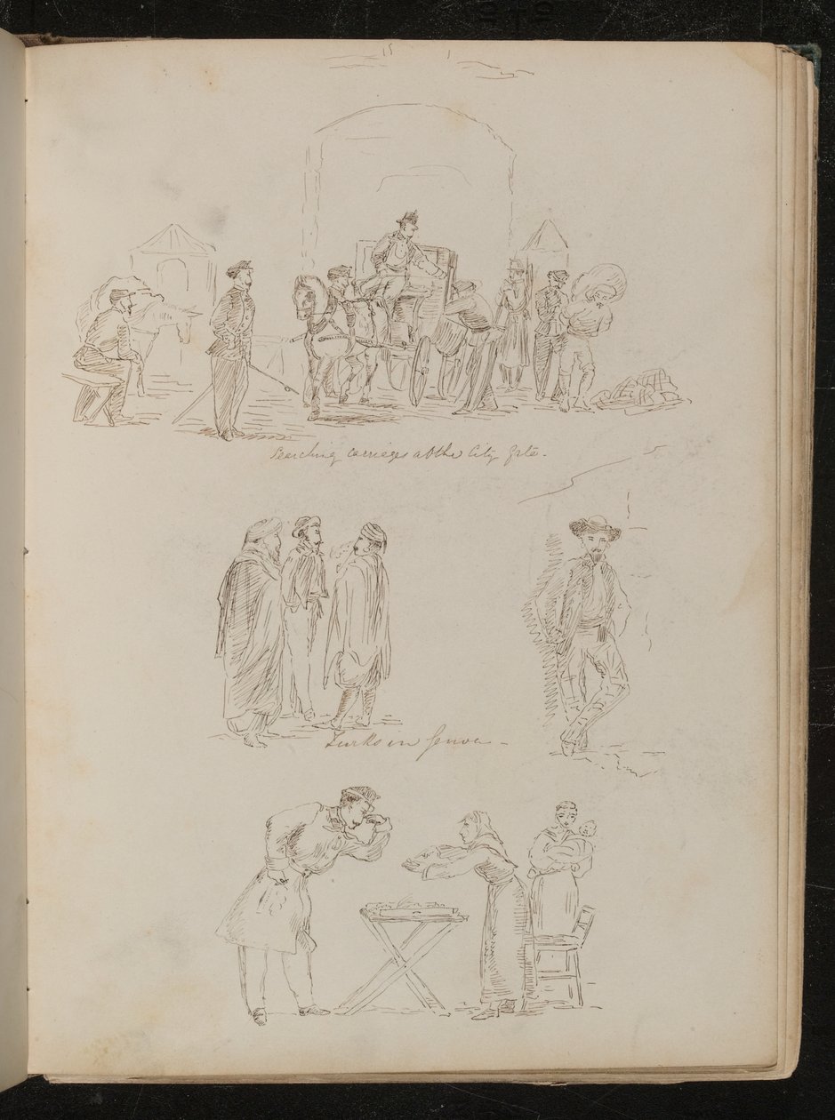 Searching carriages at the city gate and three studies inscribed 