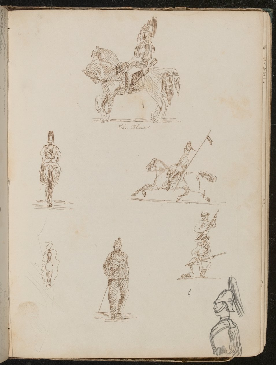 Six Studies of Soldiers, One on Horseback Inscribed "the Blues", Small Study of Horse from the Front by Lady Butler