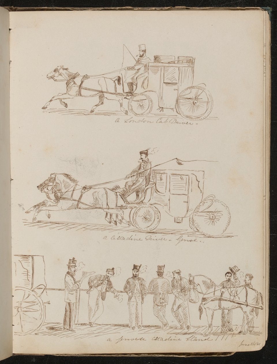 Studies of "a London Cab Driver", "a Cittadine Driver - Genoa", and "a Genoese Cittadine Stand", Dated "June 26/61" by Lady Butler