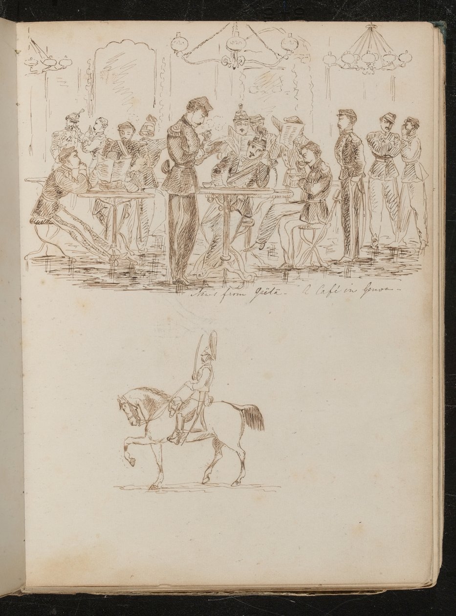 Study of a Café Scene with Soldiers Reading Newspapers Inscribed 