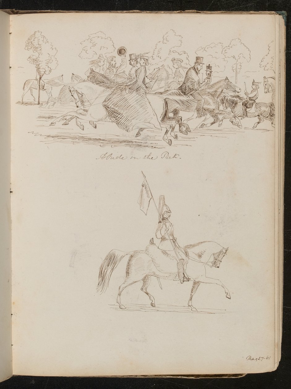 Study of Men and Women on Horseback in a Park, Possibly a Hunt, a Study of a Soldier in Full Dress Uniform on Horseback with a Flag by Lady Butler