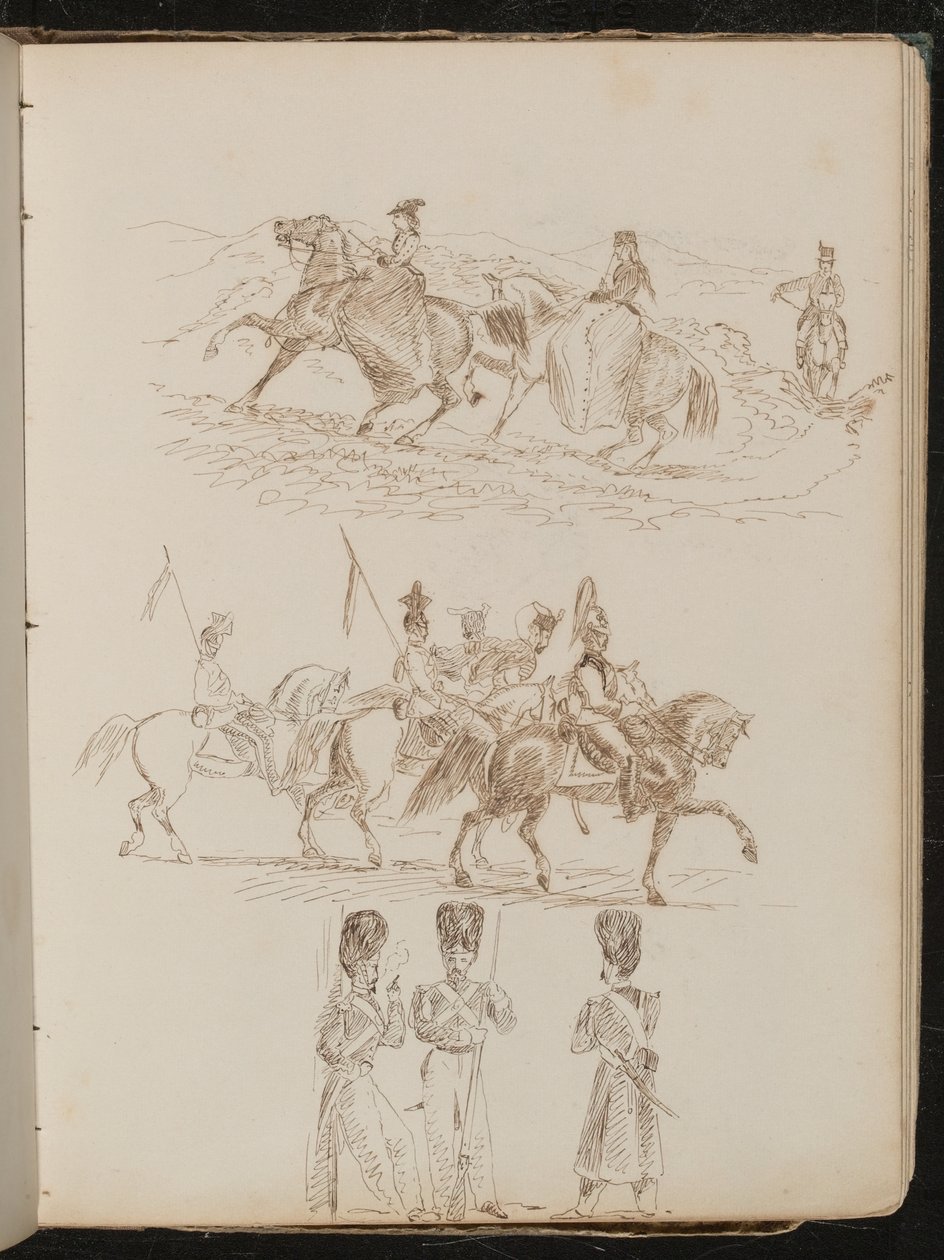 Study of two women and a man riding in hilly landscape, study of soldiers on horseback, study of three guardsmen in conversation by Lady Butler