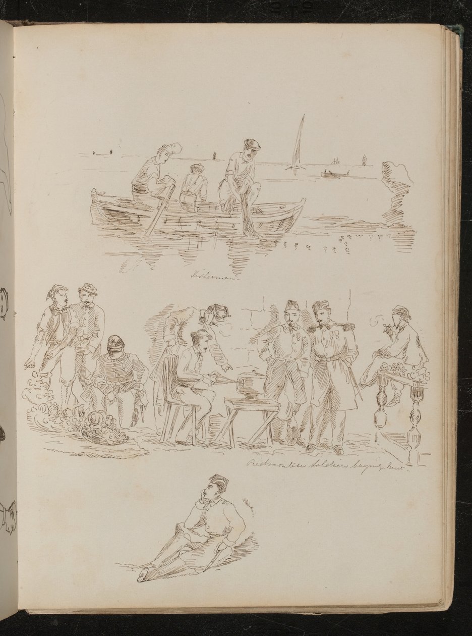 Three figures in a rowing boat inscribed 