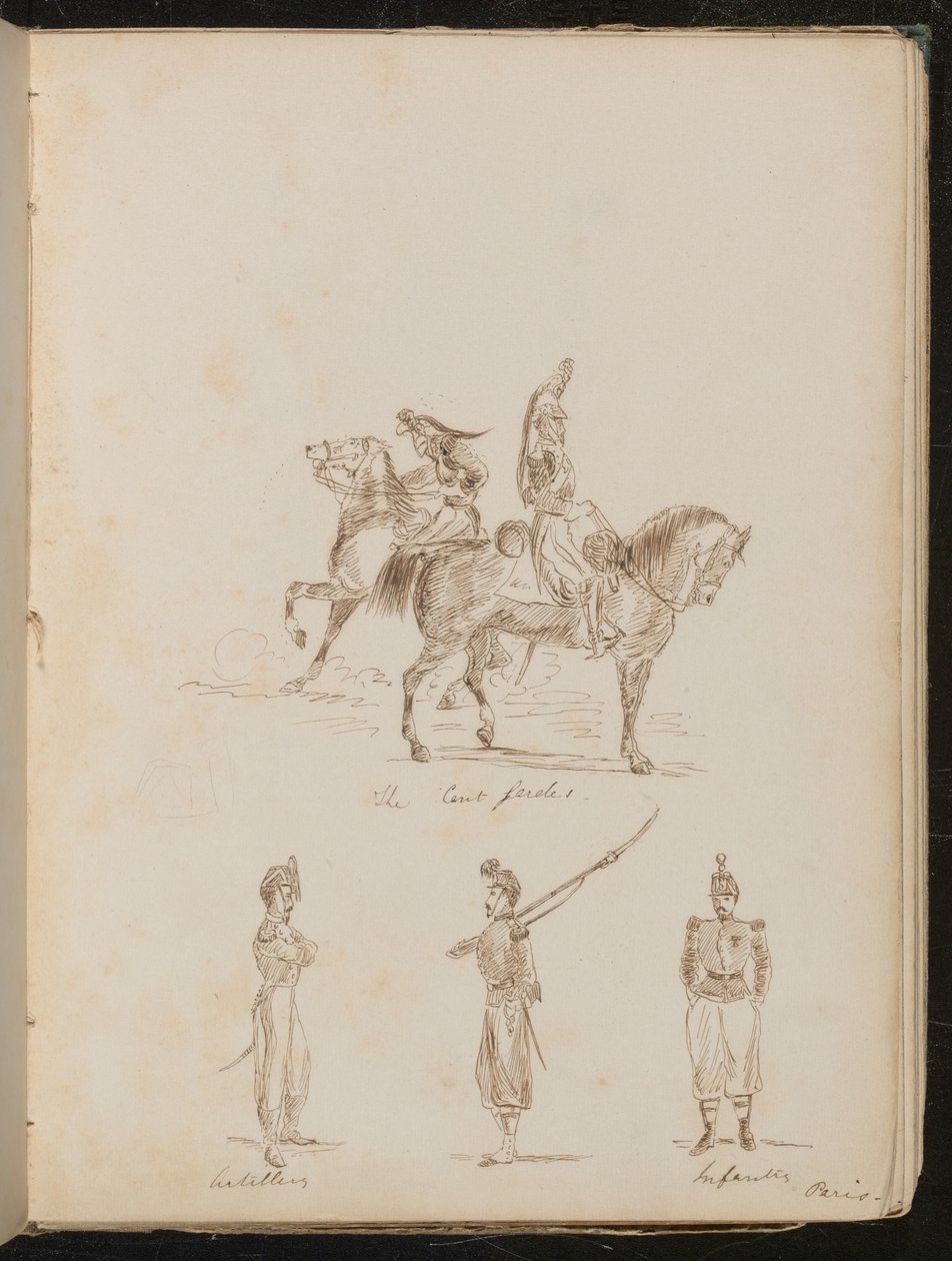 Two Soldiers on Horseback, Studies of Artillery and Infantry Soldiers by Lady Butler