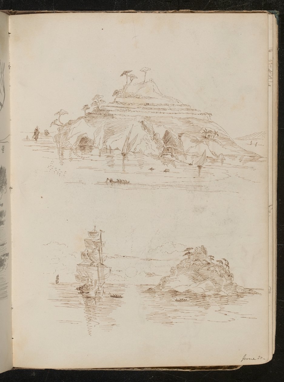Two Studies of Rocky Island, Study of Boat, Dated "June 30" by Lady Butler