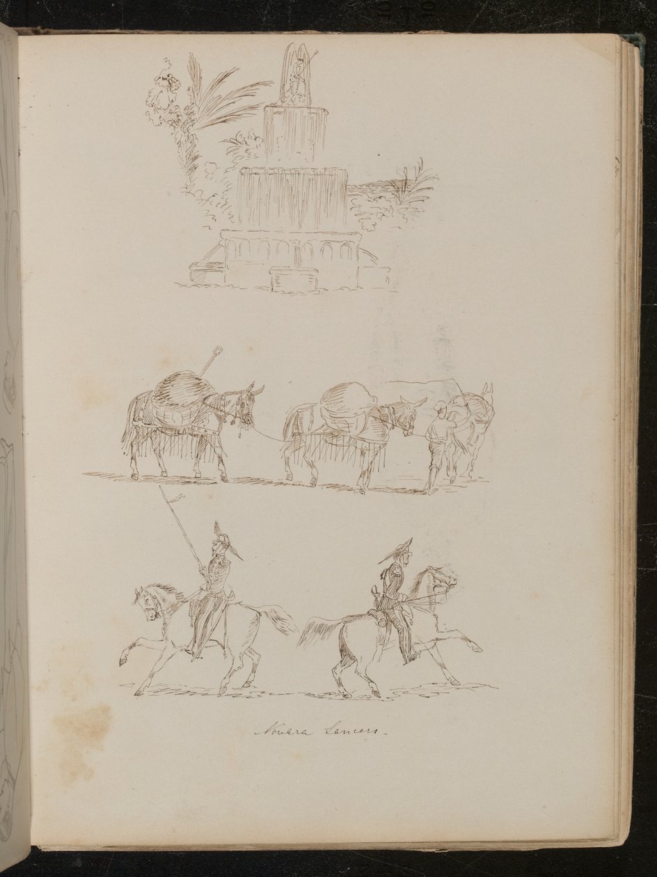 Water fountain in foliage, study of three joined packhorses, study of two soldiers on horseback inscribed 