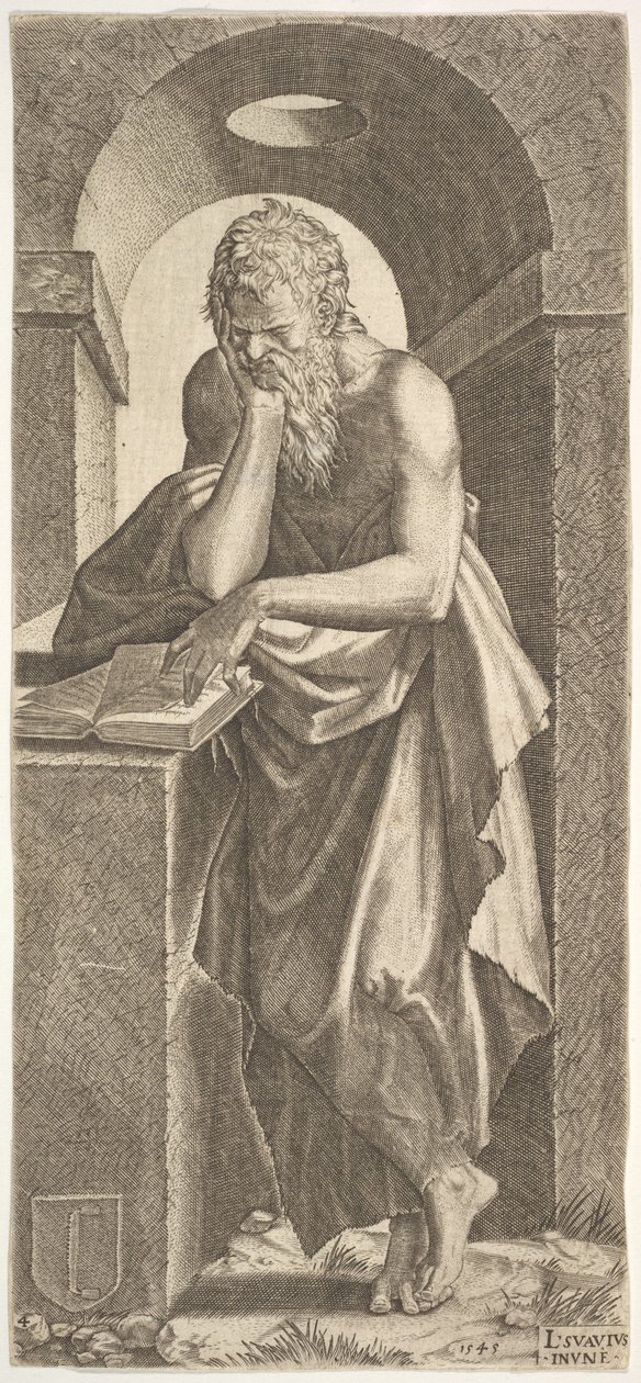 St. Simon standing before an open book with the fingers of his left hand pressed onto the, 1545 by Lambert Suavius