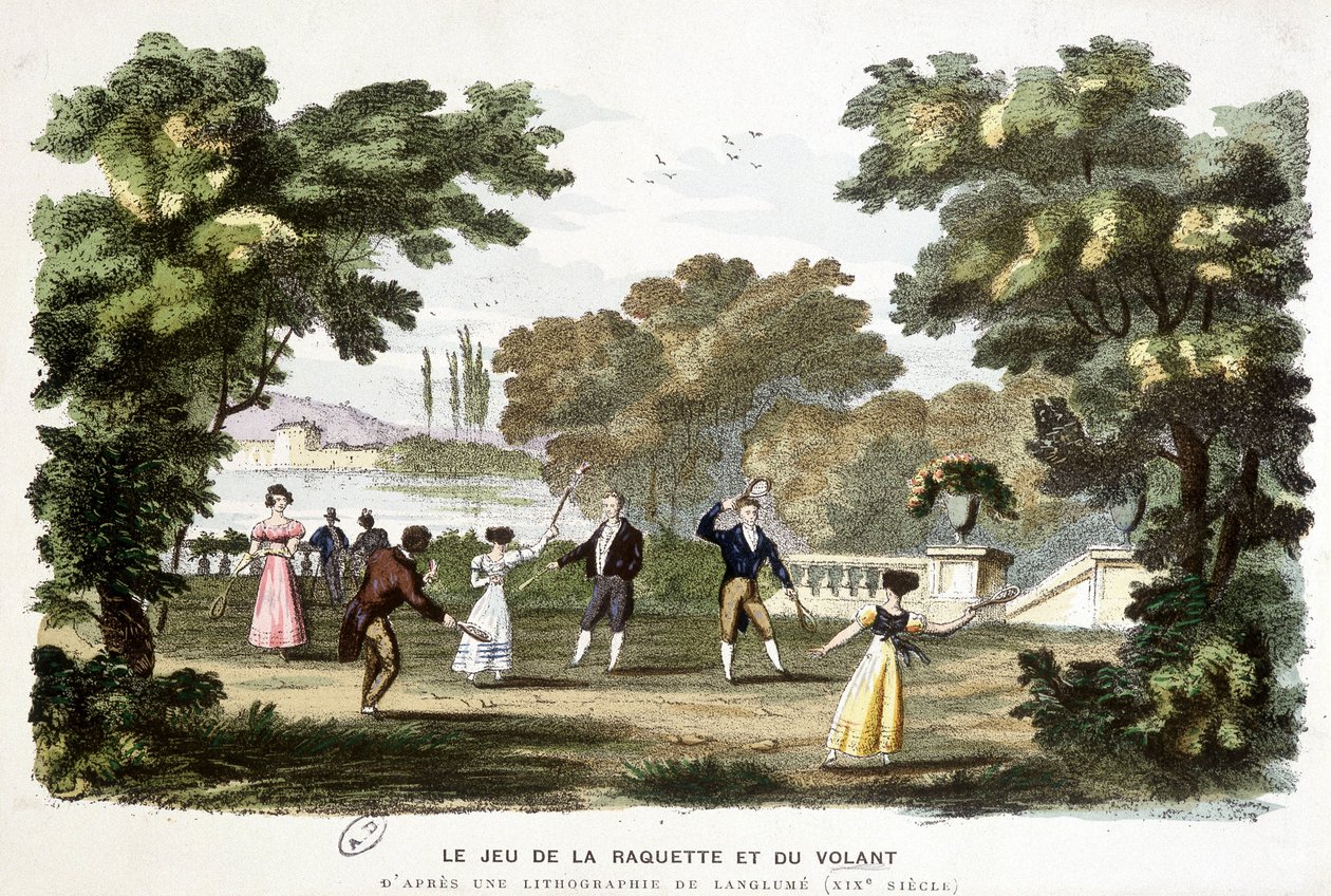 Ancient games: the game of racket and steering wheel, ancestor of badminton, based on a lithograph of Langlumé 19th century by Langlume Langlume