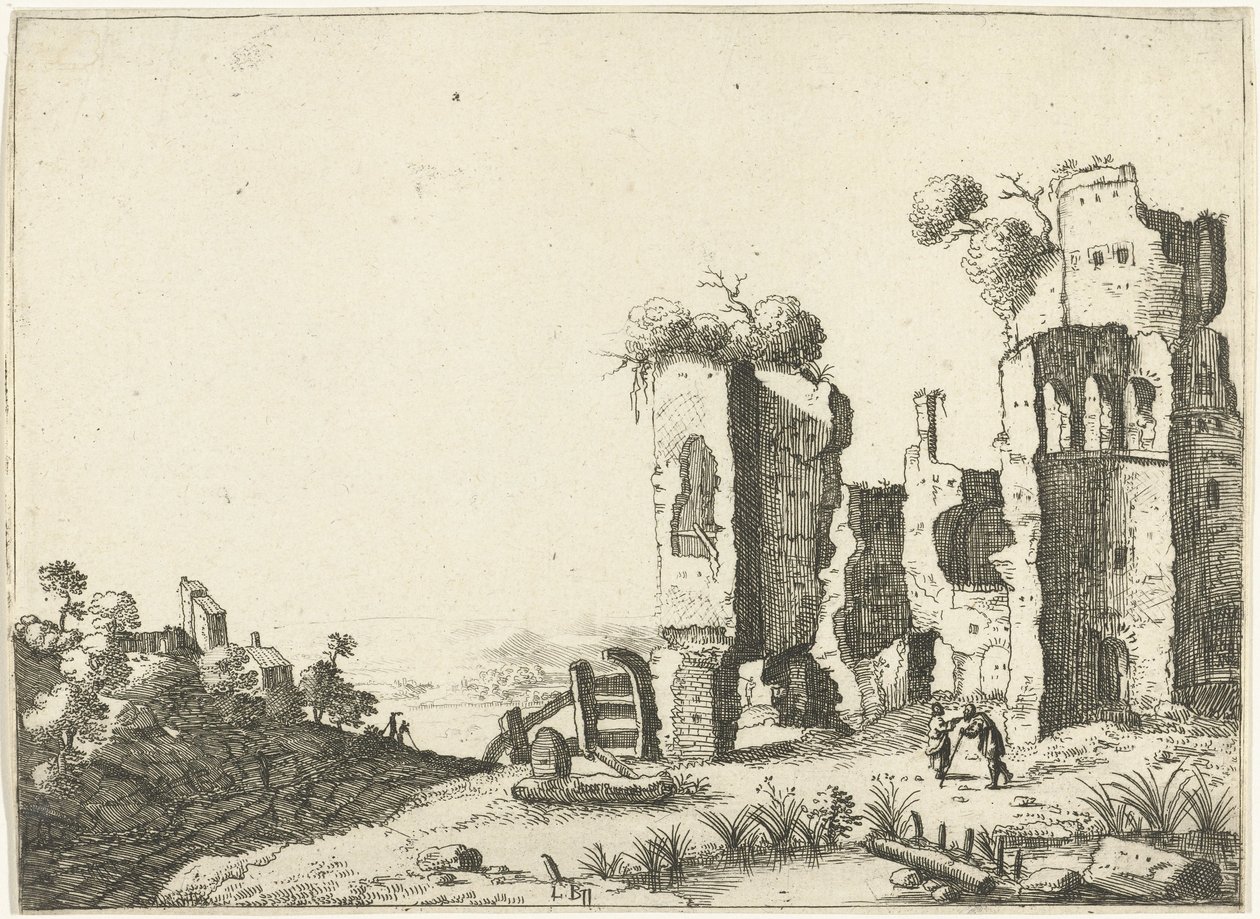 Man leaning on a stick in front of ruins (Landscapes with ancient Roman buildings) by Laurens Barata