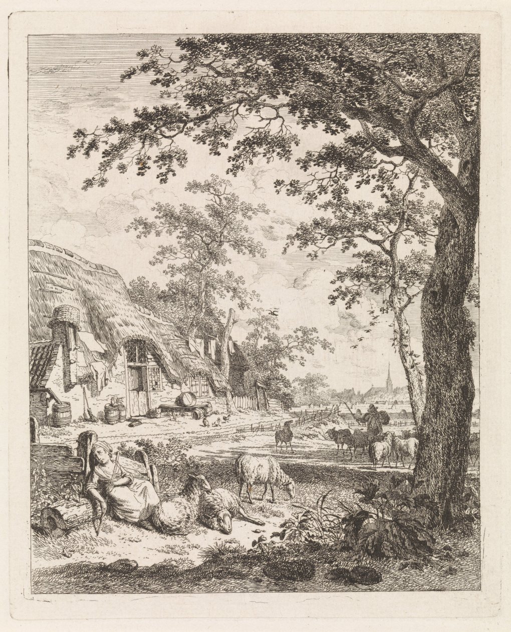 Shepherdess with Sheep in Front of a Farm (Landscapes with Figures) by Leendert Overbeek