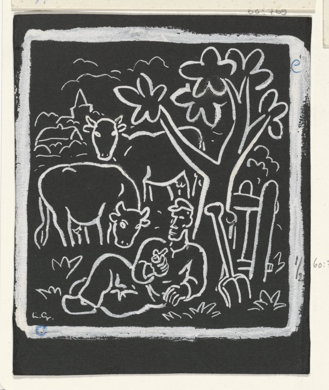Farmer Resting Under a Tree in a Meadow with Cows by Leo Gestel (signed by artist)