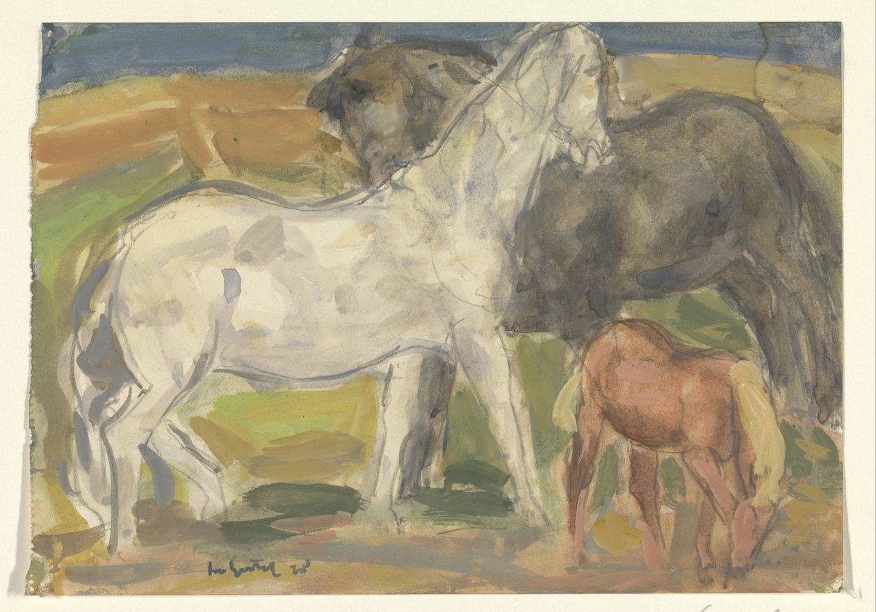 Two Horses and a Foal in a Landscape by Leo Gestel (signed by artist)