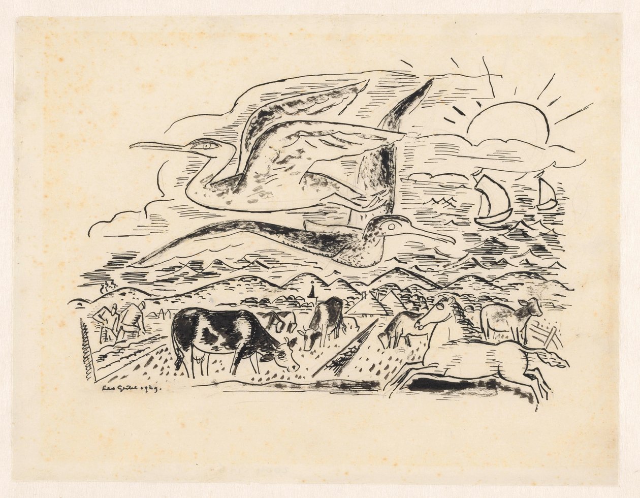 Two Birds Flying Over a Landscape with Cattle by Leo Gestel (signed by artist)
