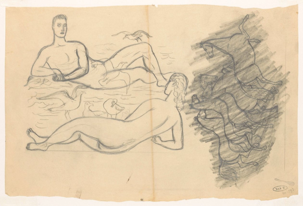 Naked Man and Woman on the Beach, Surrounded by Seagulls by Leo Gestel