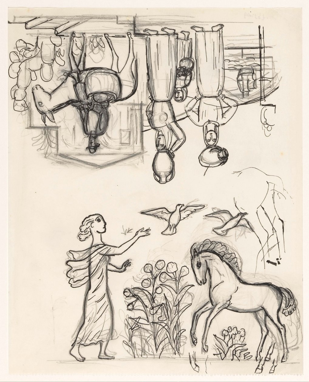 Study Sheet with Two Women with Jugs on Their Heads, a Man on a Donkey, and a Woman Releasing Birds by a Foal by Leo Gestel